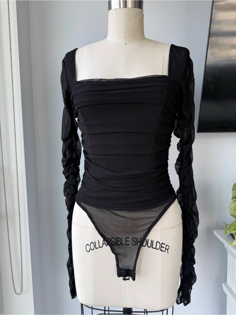 Black Square-Neck Sheer Bodysuit
